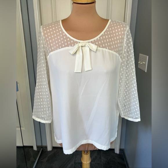 Hinge Ivory Blouse Swiss Dot Bow Coquette Preppy - Picture 1 of 8